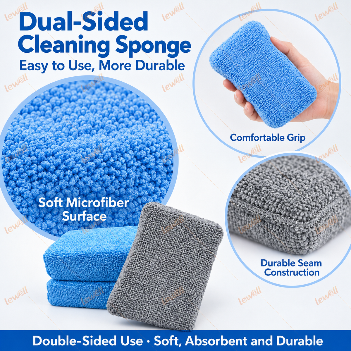 Dual-sided microfiber cleaning sponge blocks, blue and gray, textured surfaces