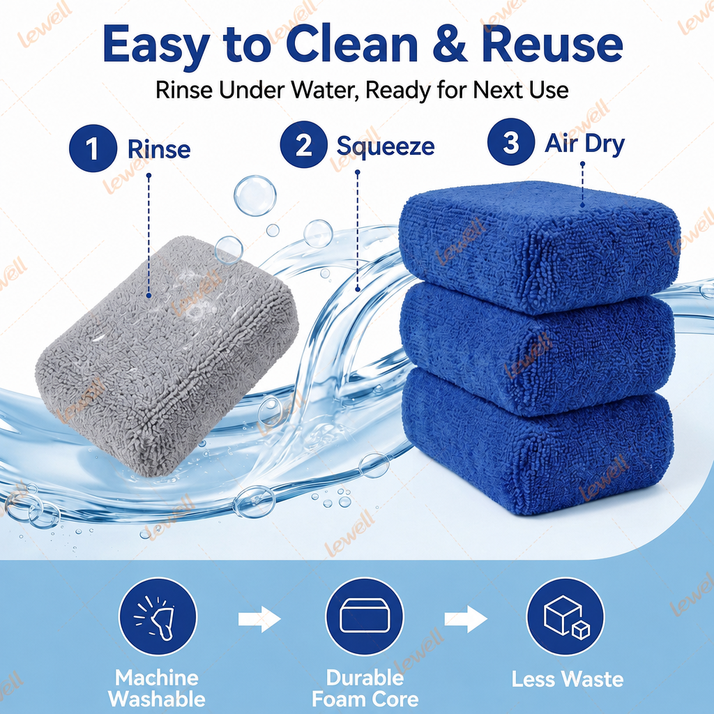 Stack of blue and gray microfiber cleaning sponge blocks for reuse