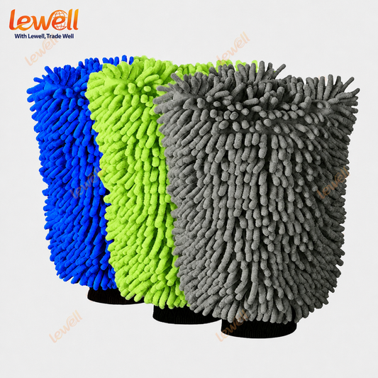 Set of chenille car wash mitts, blue, bright green, and dark grey, elastic wrist cuffs
