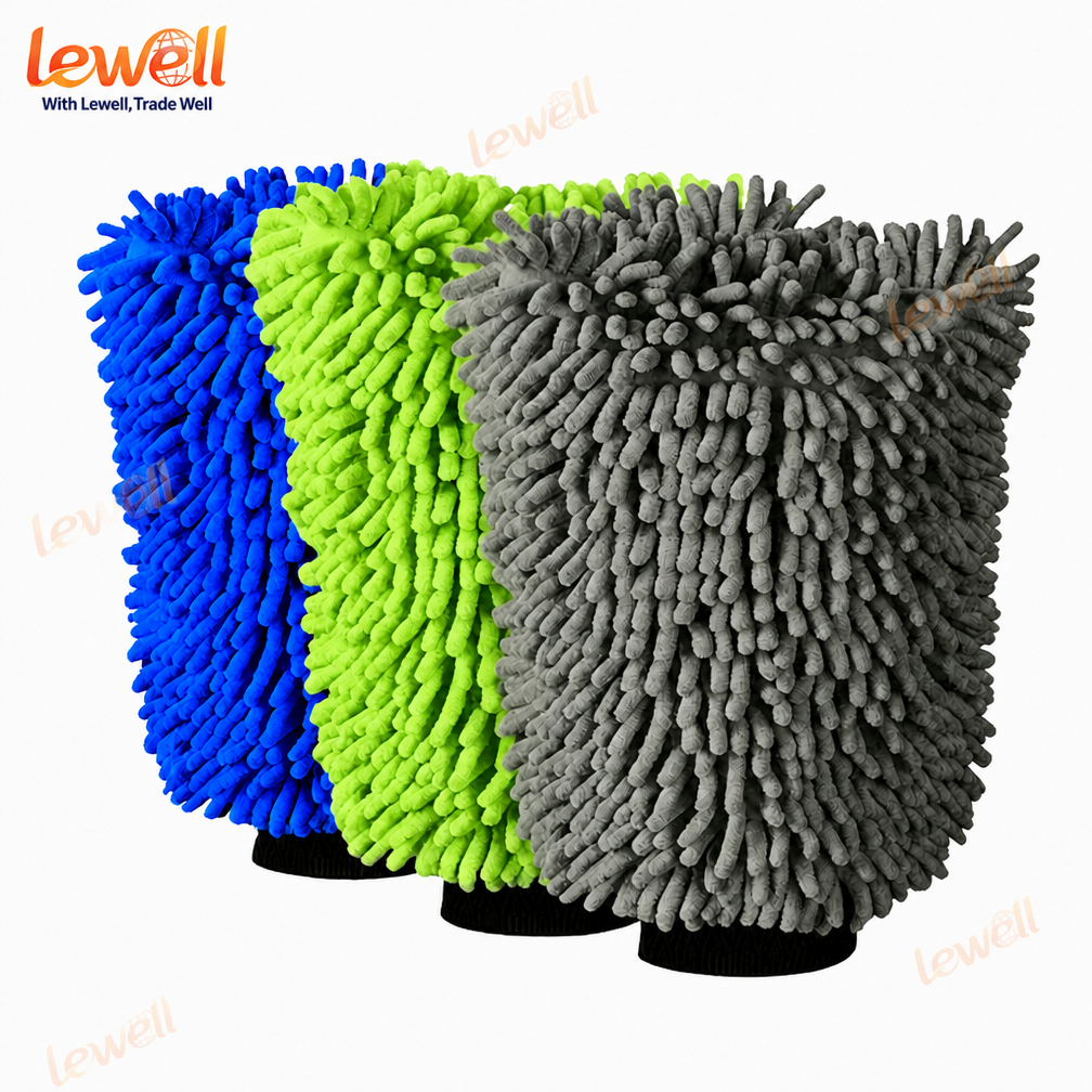 Set of chenille car wash mitts, blue, bright green, and dark grey, elastic cuffs